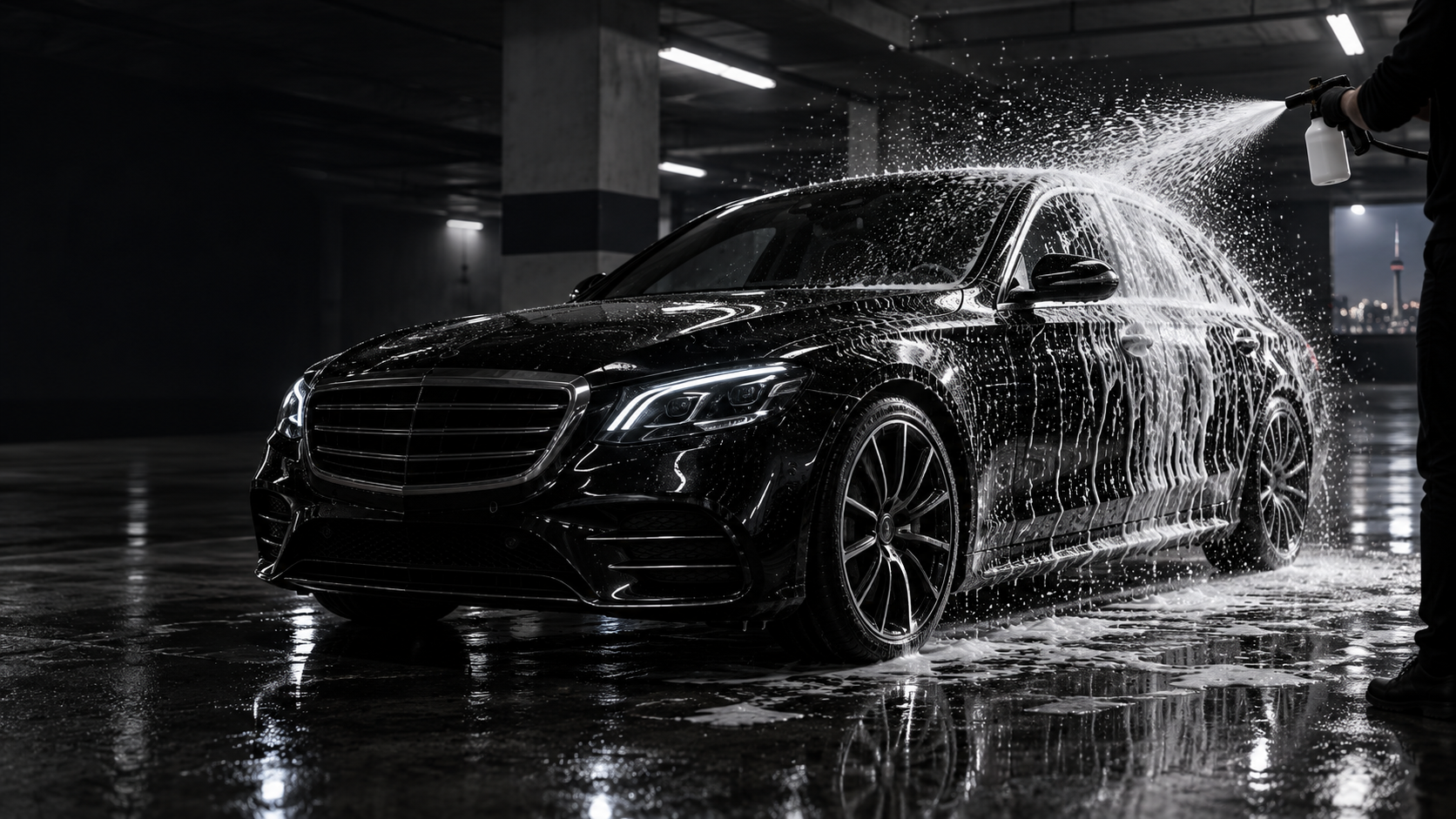 Illustrative luxury car wash in an underground garage