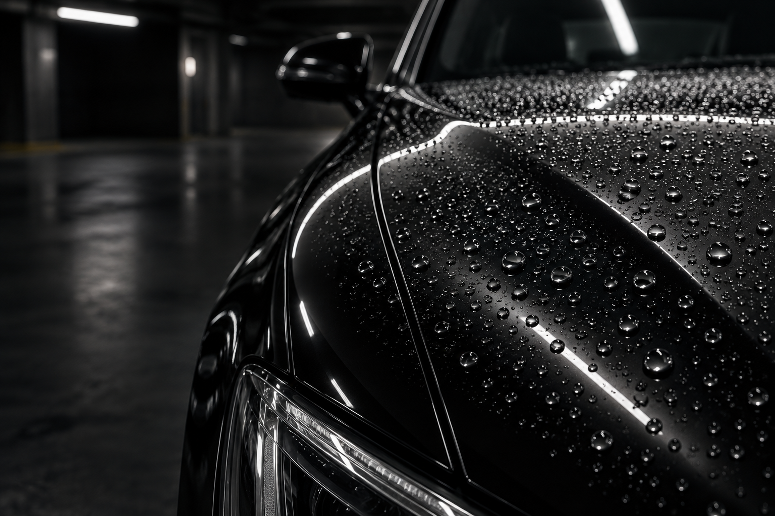 Water beading on ceramic-protected black car paint