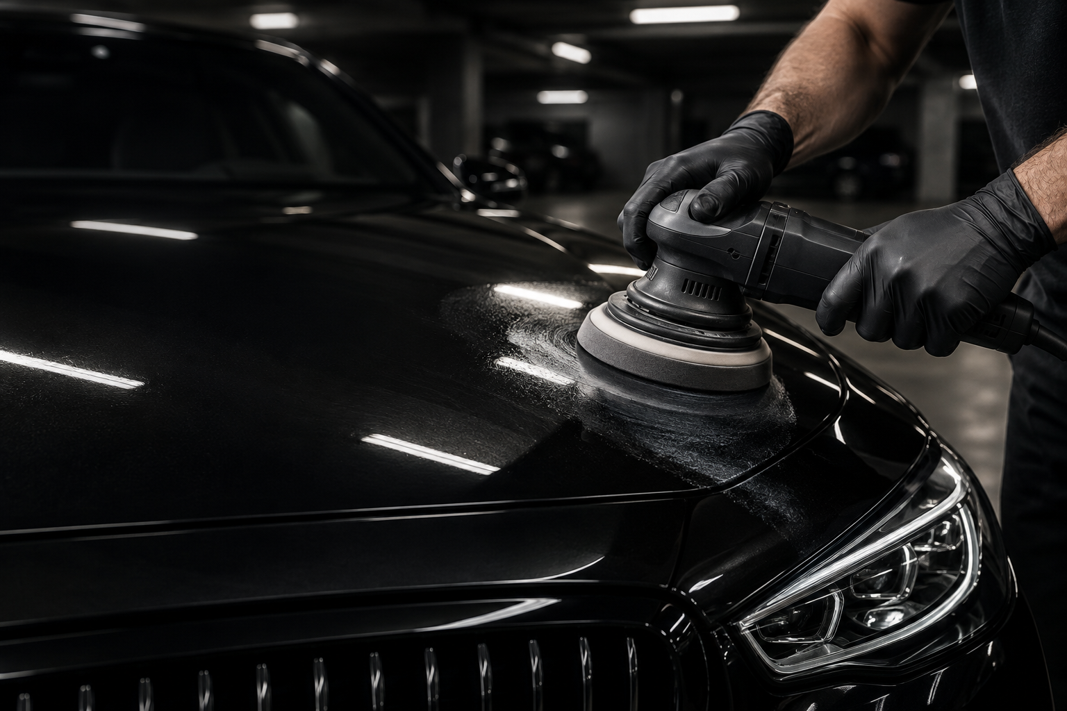 Machine polishing a black luxury car hood